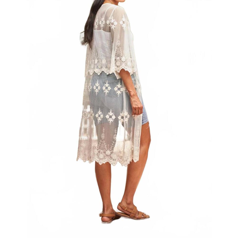 NEW PAPARAZZI embroidered mesh duster with tie front in natural - Picture 5 of 8